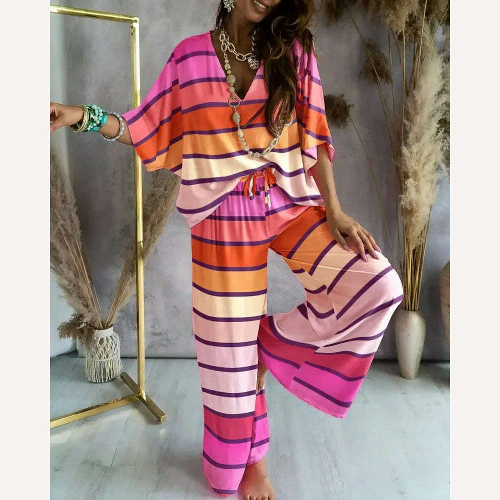 KIMLUD, Women Pants Sets Batwing Sleeve V-neck Blouse + Tie-up Straight Pant Homewear 2023 New in Summer Outfit Casual Loose 2 Piece Set, KIMLUD Womens ClothesKIMLUD, Women Pants Sets Batwing Sleeve V-neck Blouse + Tie-up Straight Pant Homewear 2023 New in Summer Outfit Casual Loose 2 Piece Set, Stripe / S, KIMLUD APPAREL - Womens Clothes