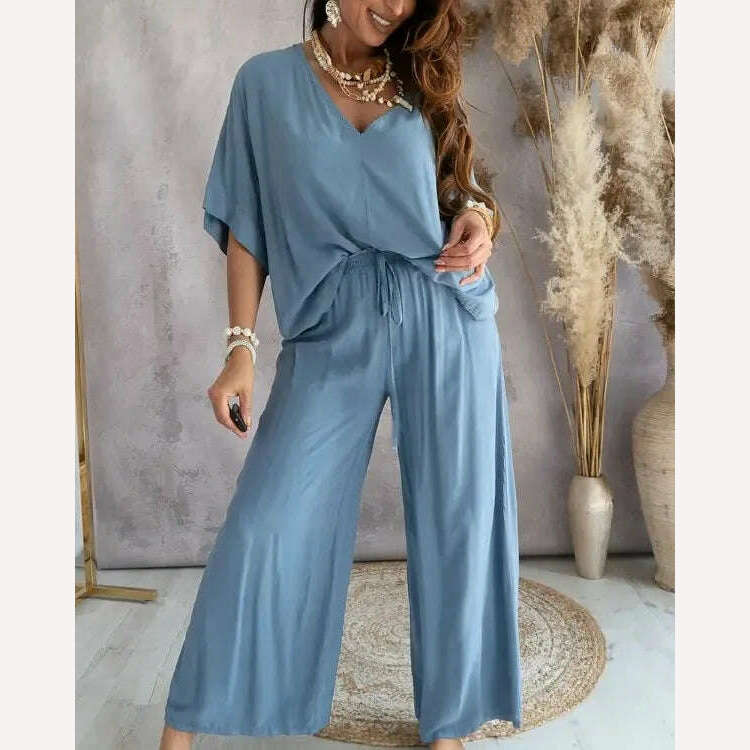 KIMLUD, Women Pants Sets Batwing Sleeve V-neck Blouse + Tie-up Straight Pant Homewear 2023 New in Summer Outfit Casual Loose 2 Piece Set, KIMLUD Womens ClothesKIMLUD, Women Pants Sets Batwing Sleeve V-neck Blouse + Tie-up Straight Pant Homewear 2023 New in Summer Outfit Casual Loose 2 Piece Set, Blue / S, KIMLUD APPAREL - Womens Clothes