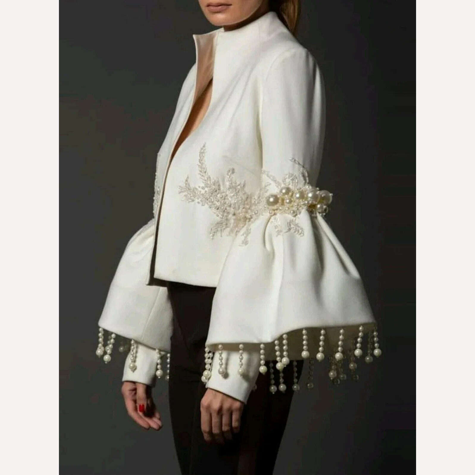 Women Pearl Tassel Jacket Fashion Elegant Stand Collar Pearl Fringed Decor Embroidery Flare Sleeve Coat Spring Autumn Outwear - KIMLUD