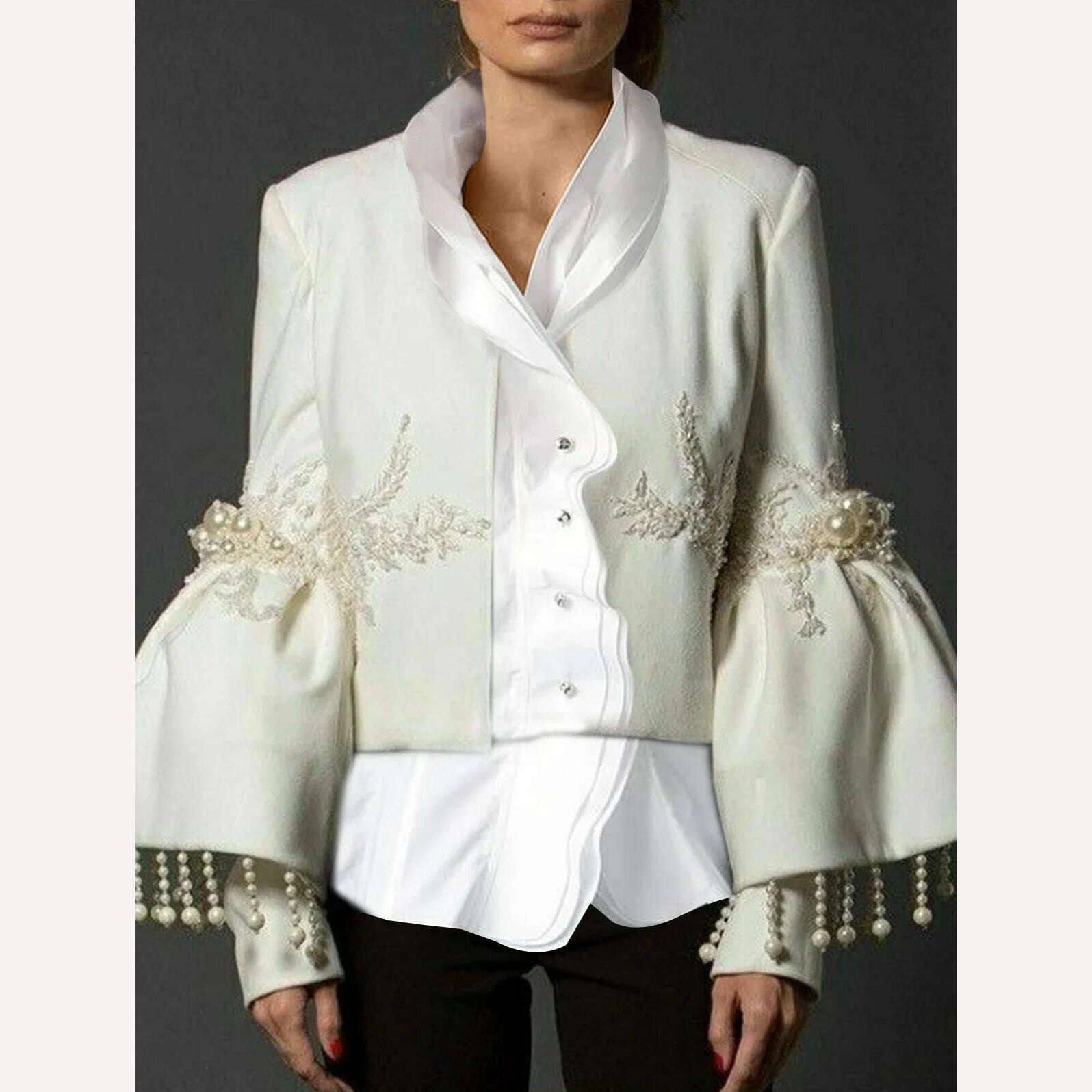 Women Pearl Tassel Jacket Fashion Elegant Stand Collar Pearl Fringed Decor Embroidery Flare Sleeve Coat Spring Autumn Outwear - KIMLUD