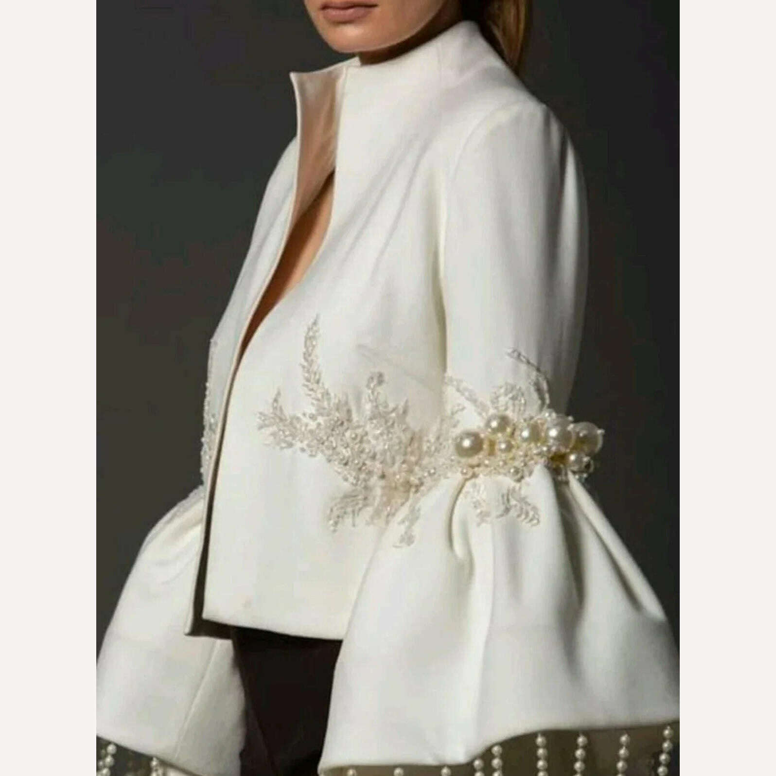 Women Pearl Tassel Jacket Fashion Elegant Stand Collar Pearl Fringed Decor Embroidery Flare Sleeve Coat Spring Autumn Outwear - KIMLUD