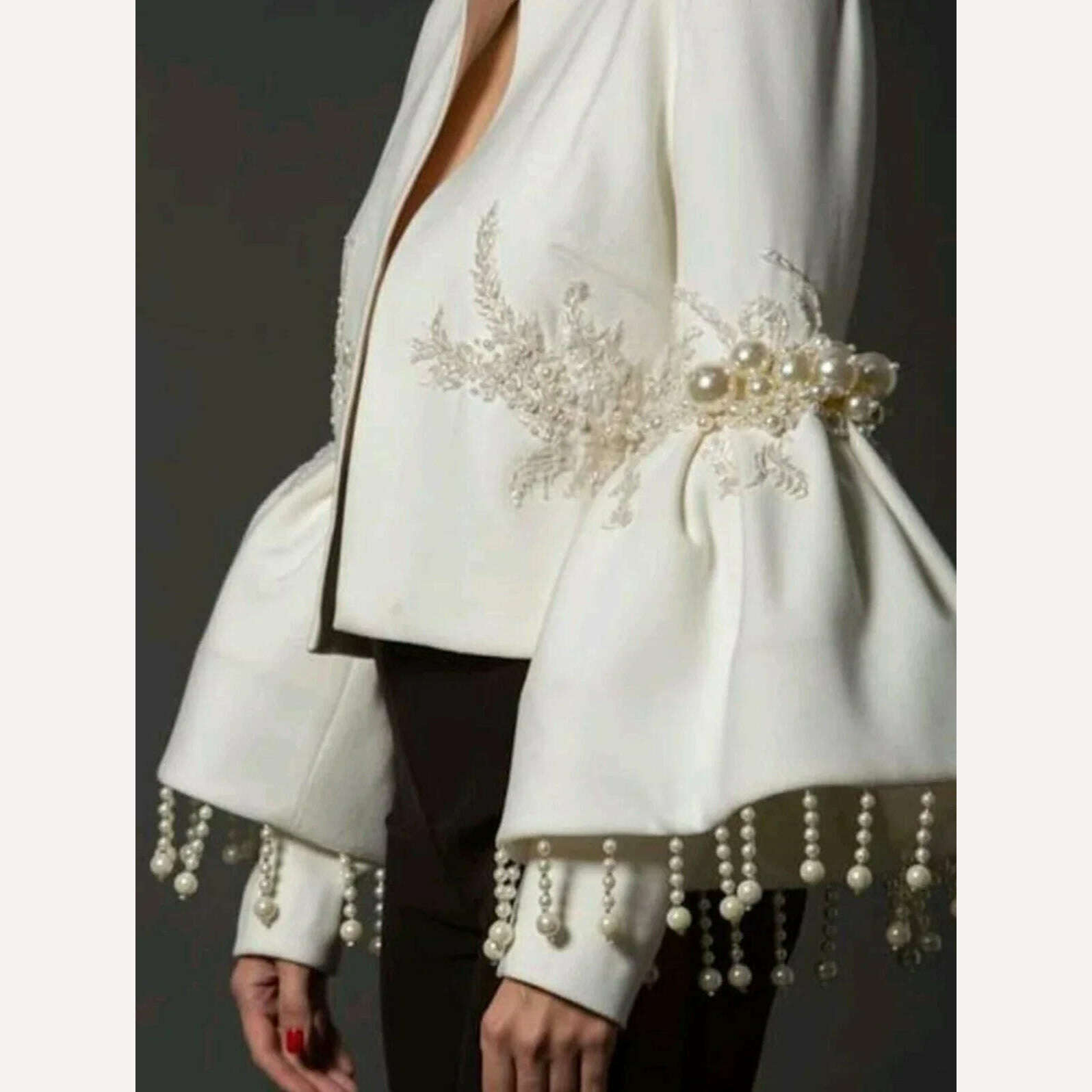 Women Pearl Tassel Jacket Fashion Elegant Stand Collar Pearl Fringed Decor Embroidery Flare Sleeve Coat Spring Autumn Outwear - KIMLUD