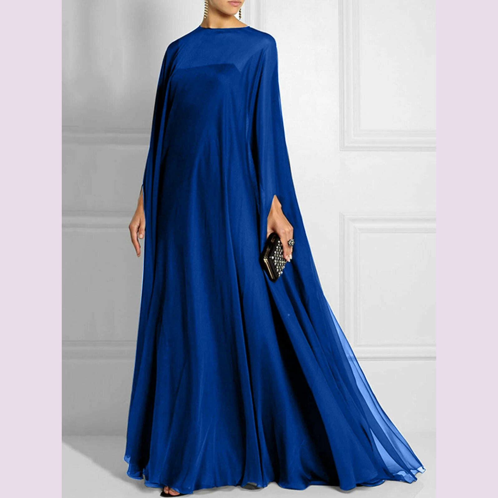 KIMLUD, Women Plus Size Elegant Dress Pleated A-Line Solid Cocktail Spring Autumn Wedding Guest Dress Vintage Dolman Sleeve Floor-length, KIMLUD Womens Clothes