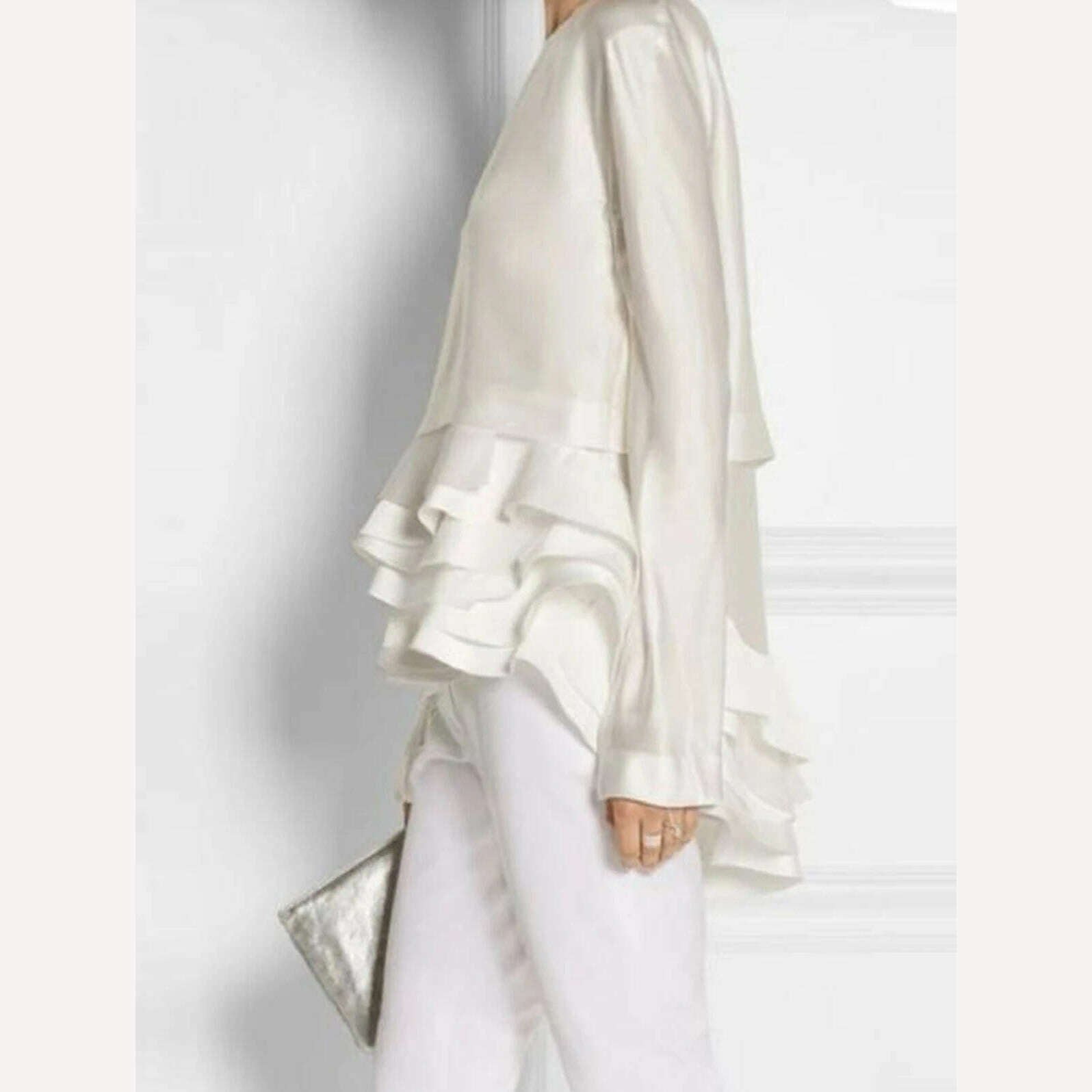 KIMLUD, Women Plus Size Shirt Ruffle Elegant Solid Flare Sleeve Ruffle Layered Hem Shirt Office Lady Autumn Round Neck Blouse for Women, WHITE / M / CHINA, KIMLUD APPAREL - Womens Clothes