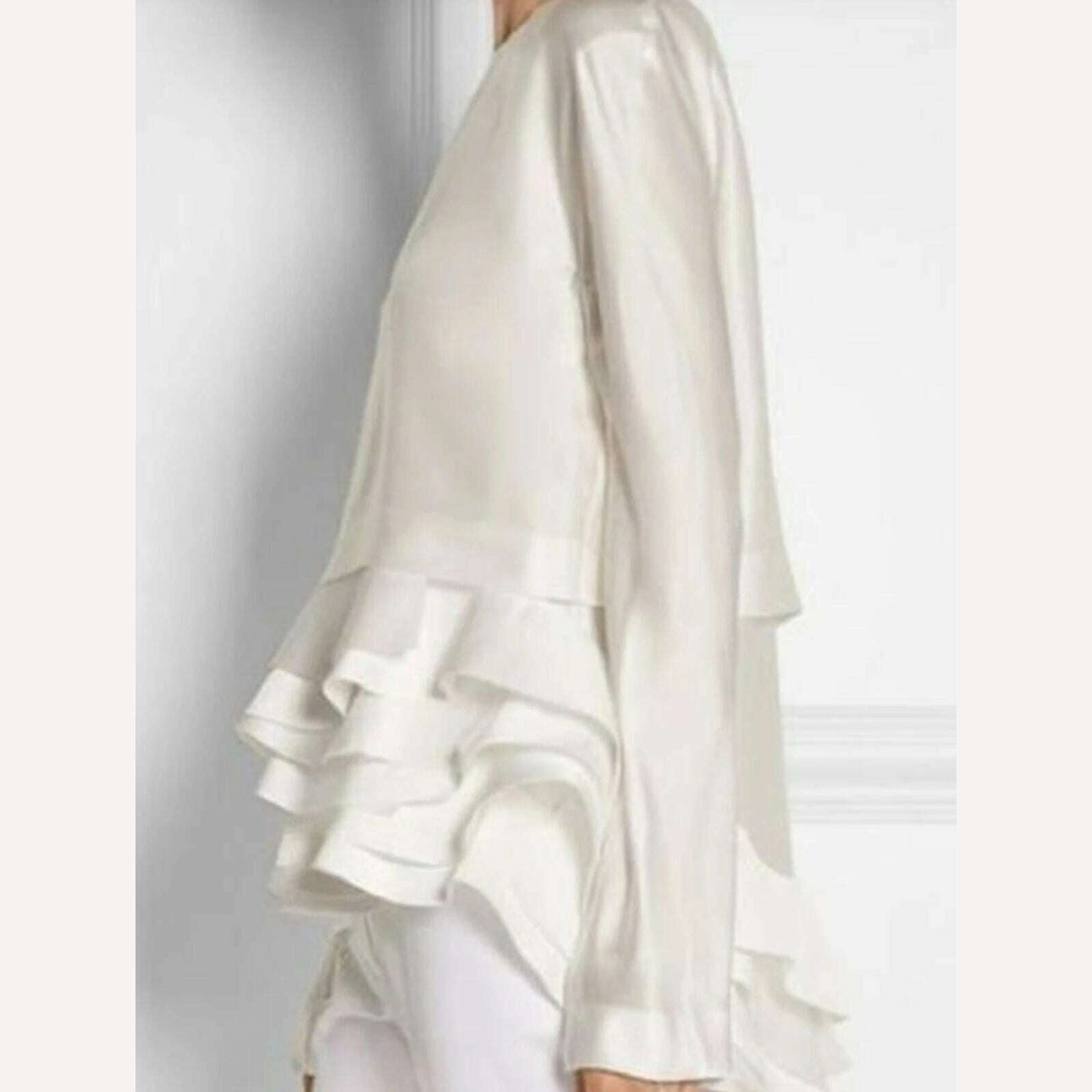 KIMLUD, Women Plus Size Shirt Ruffle Elegant Solid Flare Sleeve Ruffle Layered Hem Shirt Office Lady Autumn Round Neck Blouse for Women, KIMLUD Womens Clothes