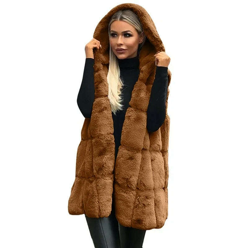 KIMLUD, Women Plush Faux Fur Solid Color Casual Sleeveless Warm Vest Jacket Autumn Winter Waistcoat Cashmere Cardigan Luxury Fleece Coat, Brown / S, KIMLUD Womens Clothes