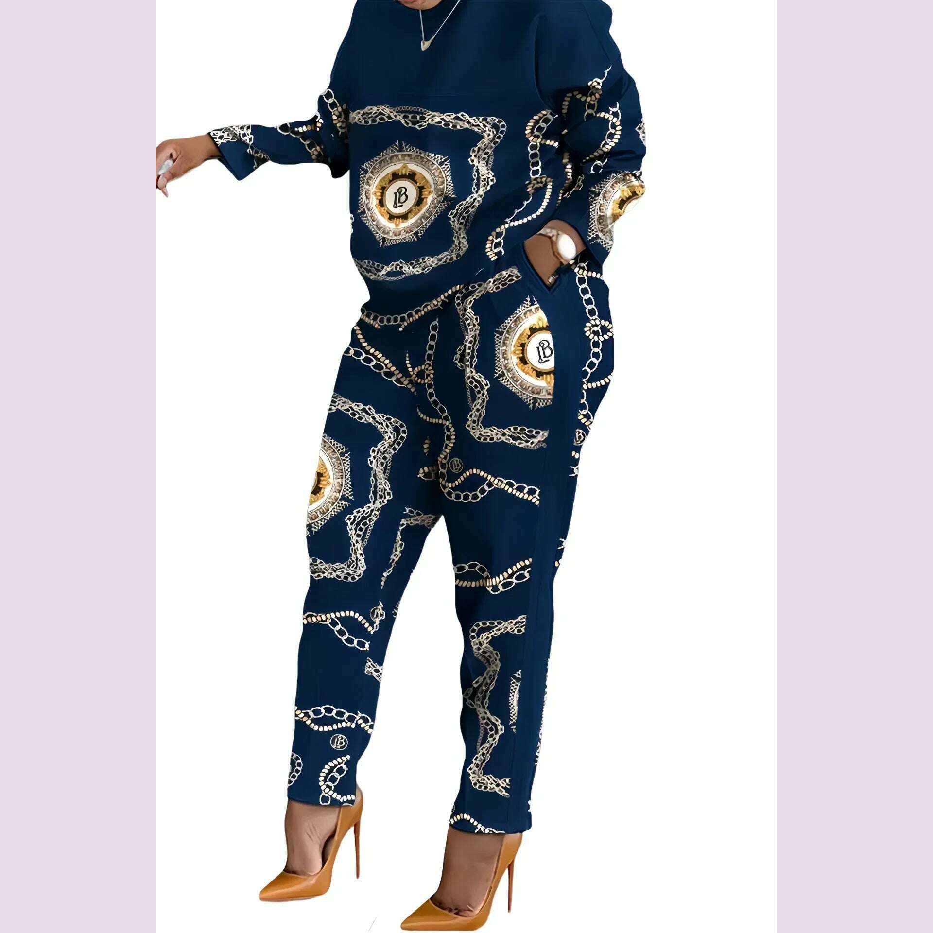 Women Print Two Piece Pant Sets Full Sleeve T Shirts Round Neck Splice Shirt High Waist Trousers Suits Autumn Office Lady - KIMLUD