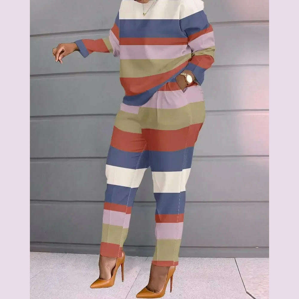 Women Print Two Piece Pant Sets Full Sleeve T Shirts Round Neck Splice Shirt High Waist Trousers Suits Autumn Office Lady - KIMLUD