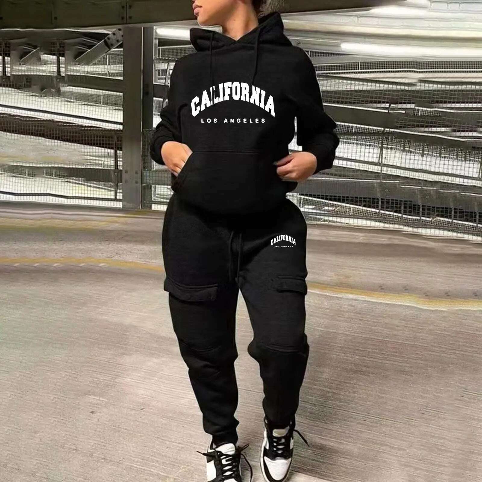 KIMLUD, Women Printed Fashion Casual Sweatshirt Set Two Piece Sports Sweatshirt With Multiple Pockets Pants Female Autumn Streetwear, A-Black / XXXL / CN, KIMLUD APPAREL - Womens Clothes
