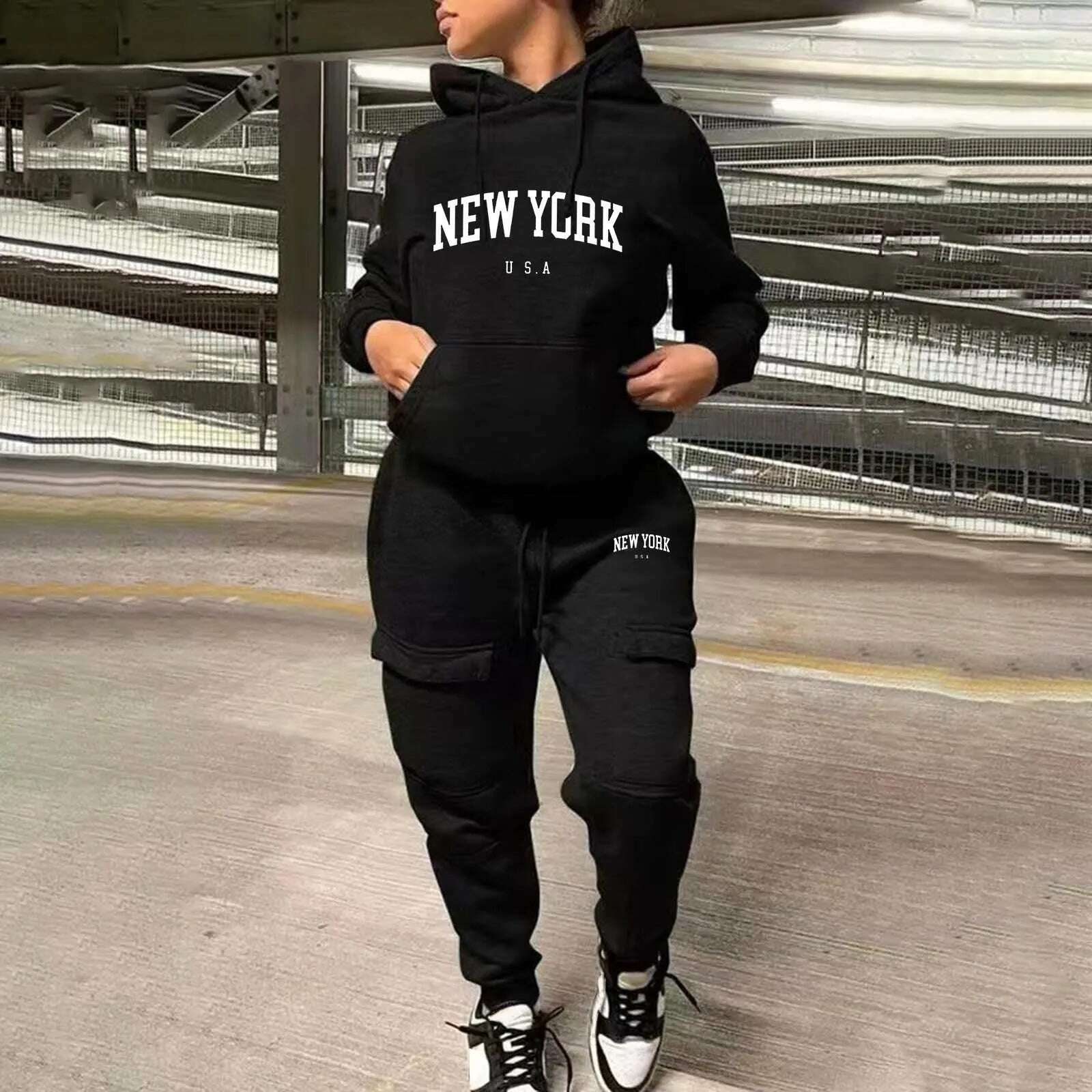 KIMLUD, Women Printed Fashion Casual Sweatshirt Set Two Piece Sports Sweatshirt With Multiple Pockets Pants Female Autumn Streetwear, B-Black / XXXL / CN, KIMLUD APPAREL - Womens Clothes