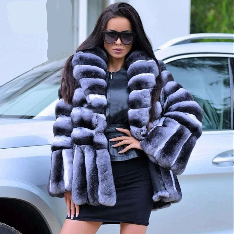 KIMLUD, Women Real Fur Jacket Natural Chinchilla Rex Rabbit Fur Coat 100 cm Long Wholeskin Thick Genuine Rex Rabbit Fur Coats Winter, Length 70cm Collar / S bust 88cm, KIMLUD Womens Clothes