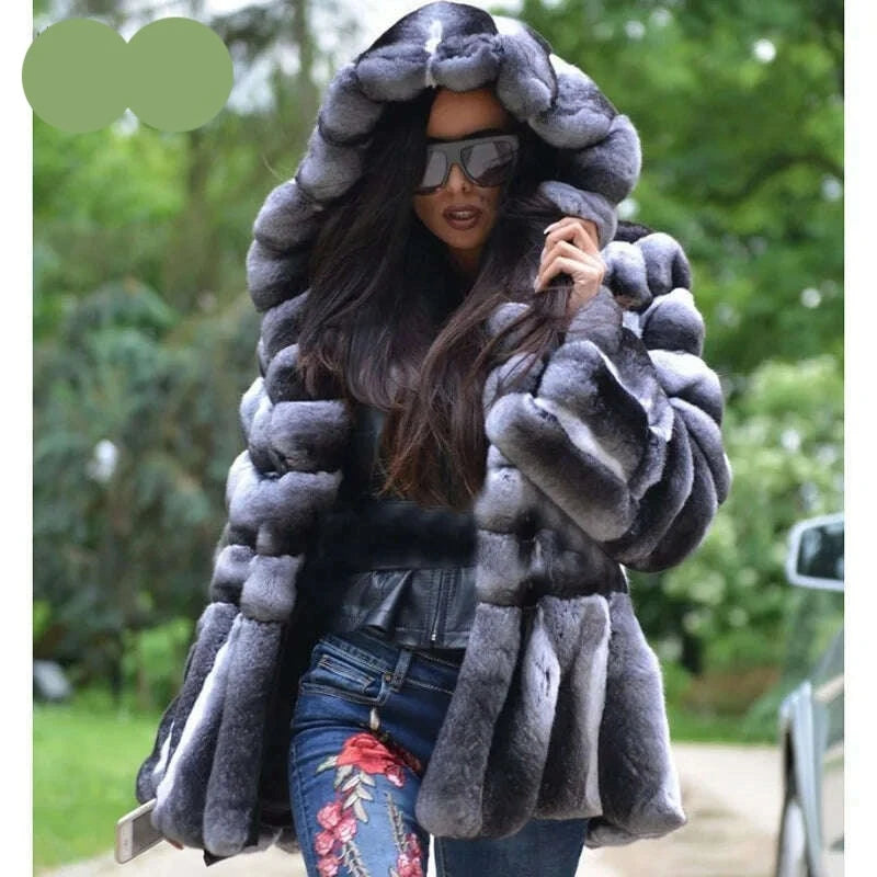 KIMLUD, Women Real Fur Jacket Natural Chinchilla Rex Rabbit Fur Coat 100 cm Long Wholeskin Thick Genuine Rex Rabbit Fur Coats Winter, Length 70cm Hood / S bust 88cm, KIMLUD Womens Clothes