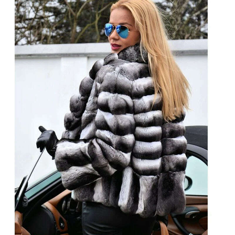 KIMLUD, Women Real Fur Jacket Natural Chinchilla Rex Rabbit Fur Coat 100 cm Long Wholeskin Thick Genuine Rex Rabbit Fur Coats Winter, Length 60cm Collar / S bust 88cm, KIMLUD Womens Clothes