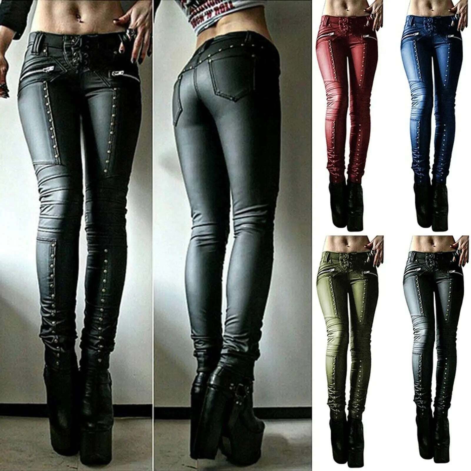 KIMLUD, Women Retro PU Pants Leather steampunk Rivet Zipper Lace up Pencil pants Medieval Gothic Skinny Streetwear Autumn Casual Trouse, KIMLUD Womens Clothes