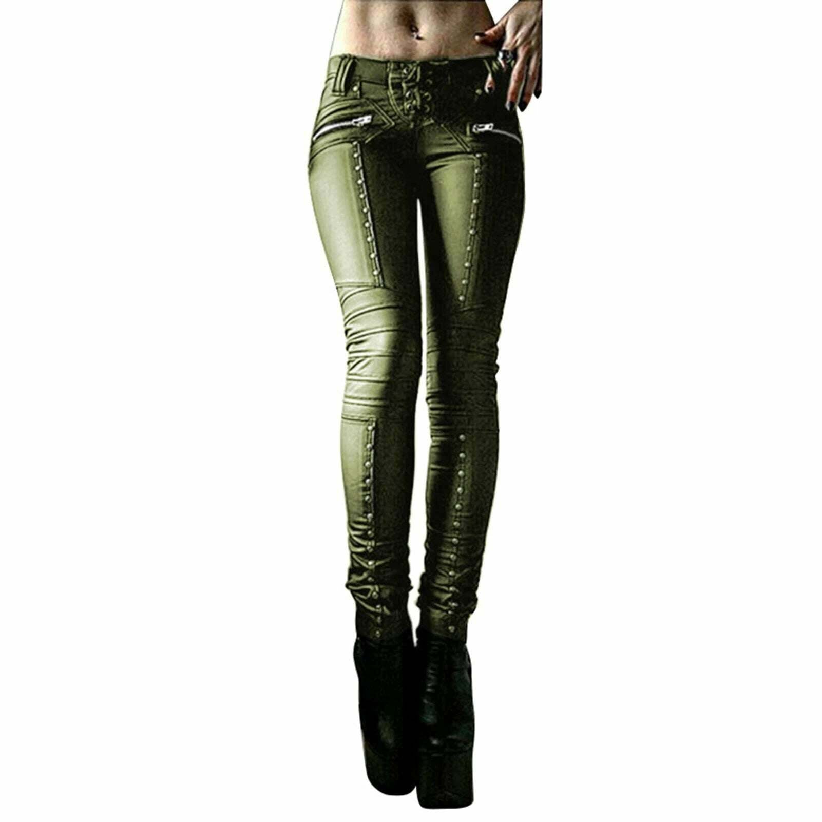 KIMLUD, Women Retro PU Pants Leather steampunk Rivet Zipper Lace up Pencil pants Medieval Gothic Skinny Streetwear Autumn Casual Trouse, Green2 / S, KIMLUD Women's Clothes