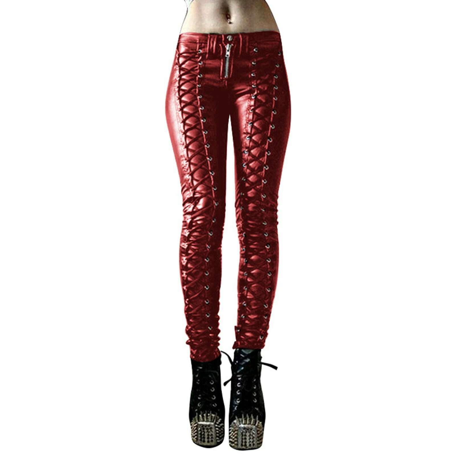 KIMLUD, Women Retro PU Pants Leather steampunk Rivet Zipper Lace up Pencil pants Medieval Gothic Skinny Streetwear Autumn Casual Trouse, Red1 / S, KIMLUD Women's Clothes