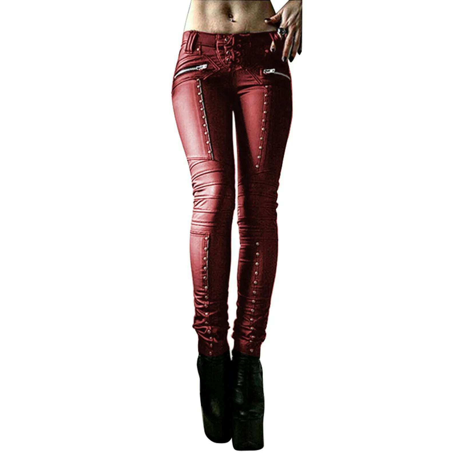 KIMLUD, Women Retro PU Pants Leather steampunk Rivet Zipper Lace up Pencil pants Medieval Gothic Skinny Streetwear Autumn Casual Trouse, Red2 / S, KIMLUD Women's Clothes