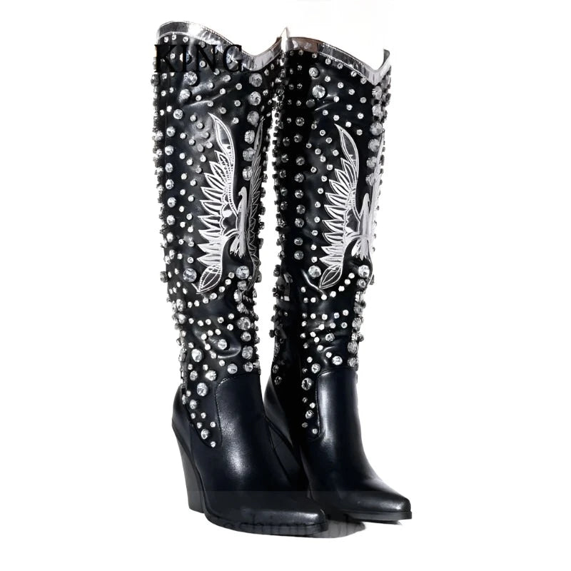 KIMLUD, Women Rhinestone Embellished Western Boots Sexy Pointed Toe Wedge Heels Botines De Mujer Autumn Winter Cowboy Knee High Boots, KIMLUD Women's Clothes