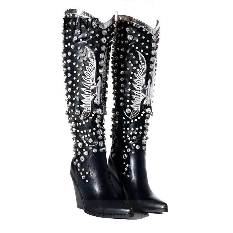KIMLUD, Women Rhinestone Embellished Western Boots Sexy Pointed Toe Wedge Heels Botines De Mujer Autumn Winter Cowboy Knee High Boots, black / 35, KIMLUD Womens Clothes