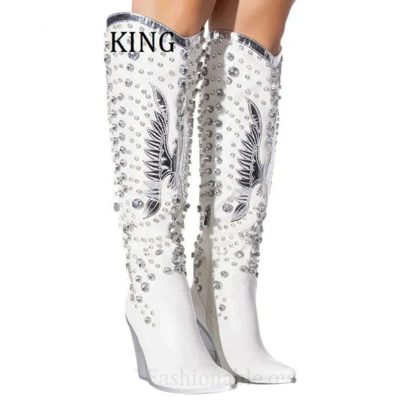 KIMLUD, Women Rhinestone Embellished Western Boots Sexy Pointed Toe Wedge Heels Botines De Mujer Autumn Winter Cowboy Knee High Boots, white / 35, KIMLUD Womens Clothes
