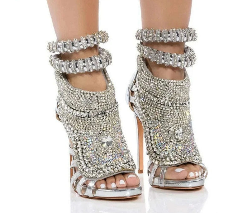 KIMLUD, Women Rhinestone High Heels Sandals Sexy Peep Toe Metallic Leather Stiletto Sandals Ladies Bling Crystal Wedding Party Shoes, KIMLUD Womens Clothes