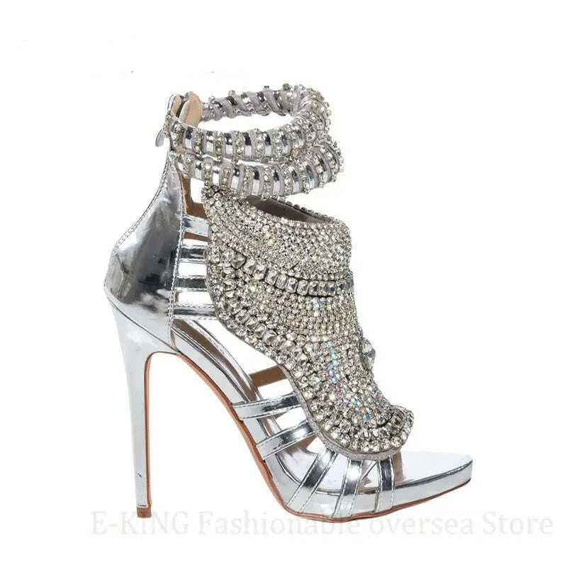 KIMLUD, Women Rhinestone High Heels Sandals Sexy Peep Toe Metallic Leather Stiletto Sandals Ladies Bling Crystal Wedding Party Shoes, silver / 35, KIMLUD Women's Clothes