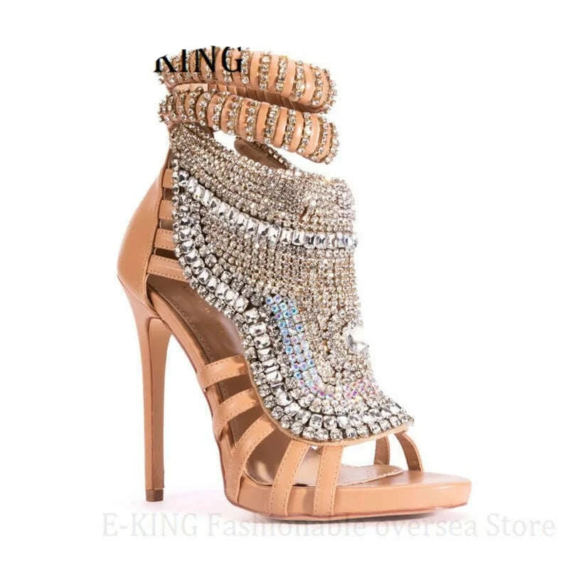 KIMLUD, Women Rhinestone High Heels Sandals Sexy Peep Toe Metallic Leather Stiletto Sandals Ladies Bling Crystal Wedding Party Shoes, KIMLUD Women's Clothes