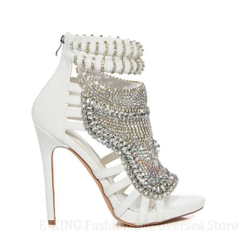 KIMLUD, Women Rhinestone High Heels Sandals Sexy Peep Toe Metallic Leather Stiletto Sandals Ladies Bling Crystal Wedding Party Shoes, white / 36, KIMLUD Womens Clothes