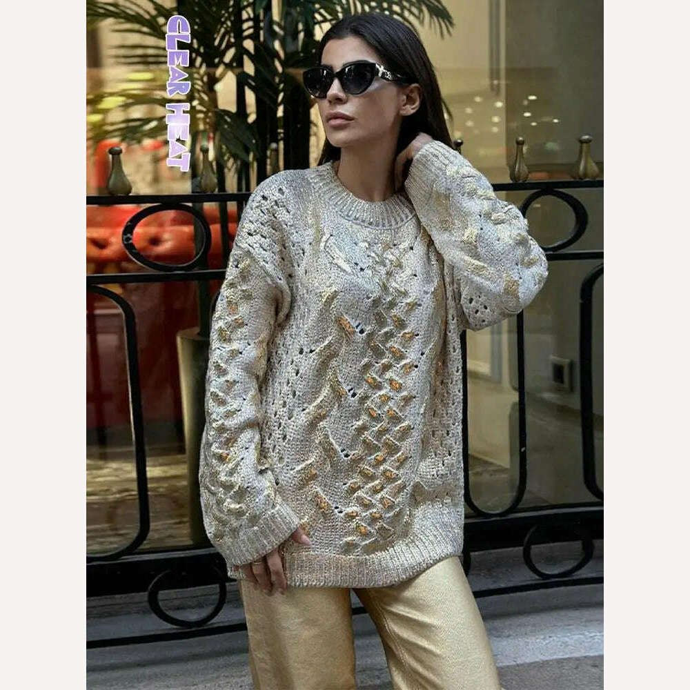 KIMLUD, Women Round Neck Hollow Out Golden Ribbed Sweater Fashion Loose Long Sleeve Spliced Jumper Thick Warm Highstreet Pullover 2023, KIMLUD Womens Clothes