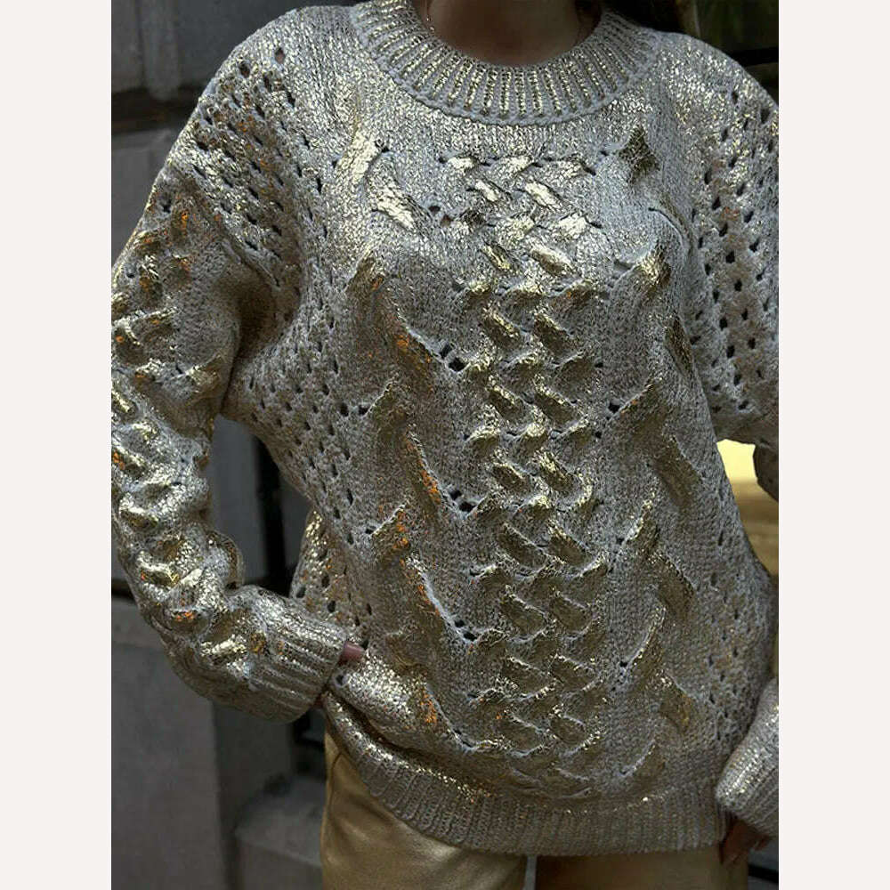 KIMLUD, Women Round Neck Hollow Out Golden Ribbed Sweater Fashion Loose Long Sleeve Spliced Jumper Thick Warm Highstreet Pullover 2023, KIMLUD Womens Clothes