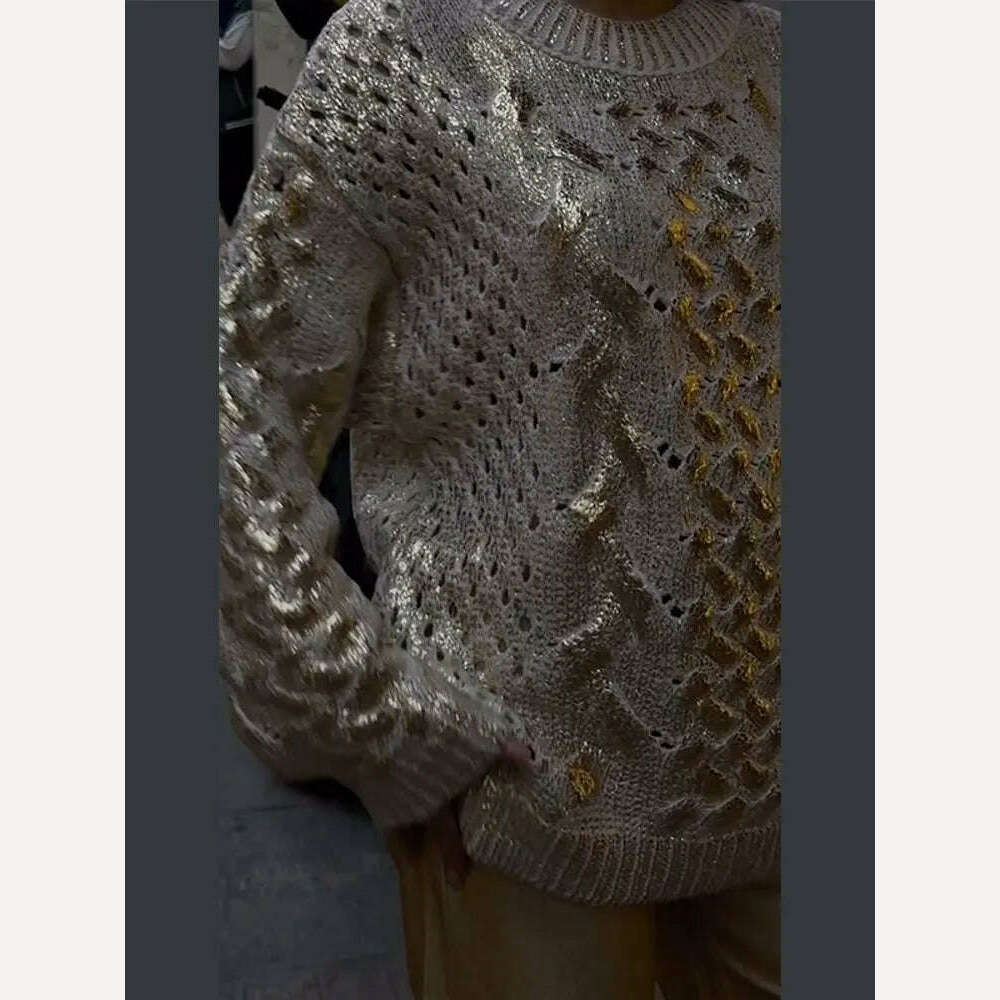 KIMLUD, Women Round Neck Hollow Out Golden Ribbed Sweater Fashion Loose Long Sleeve Spliced Jumper Thick Warm Highstreet Pullover 2023, KIMLUD Womens Clothes