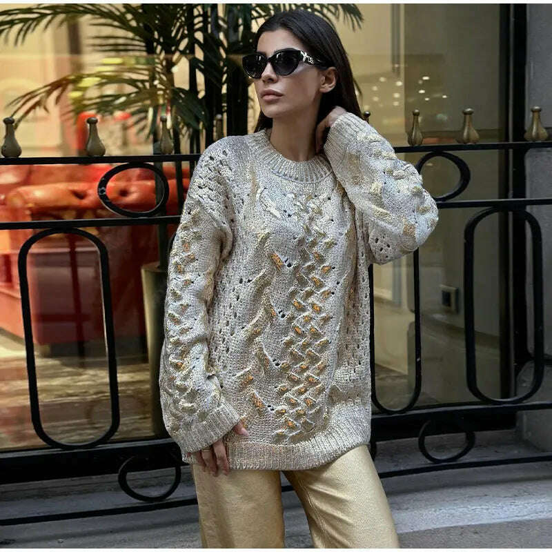 KIMLUD, Women Round Neck Hollow Out Golden Ribbed Sweater Fashion Loose Long Sleeve Spliced Jumper Thick Warm Highstreet Pullover 2023, as show / S, KIMLUD APPAREL - Womens Clothes