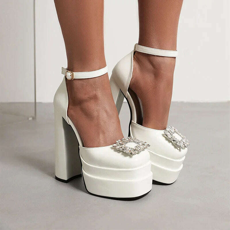 KIMLUD, Women Sandals 2022 New Female Square Toe Rhinestone Thick Bottom Shoes Buckle Fashion Platform Block High Heels Ladies Footwear, KIMLUD Womens Clothes
