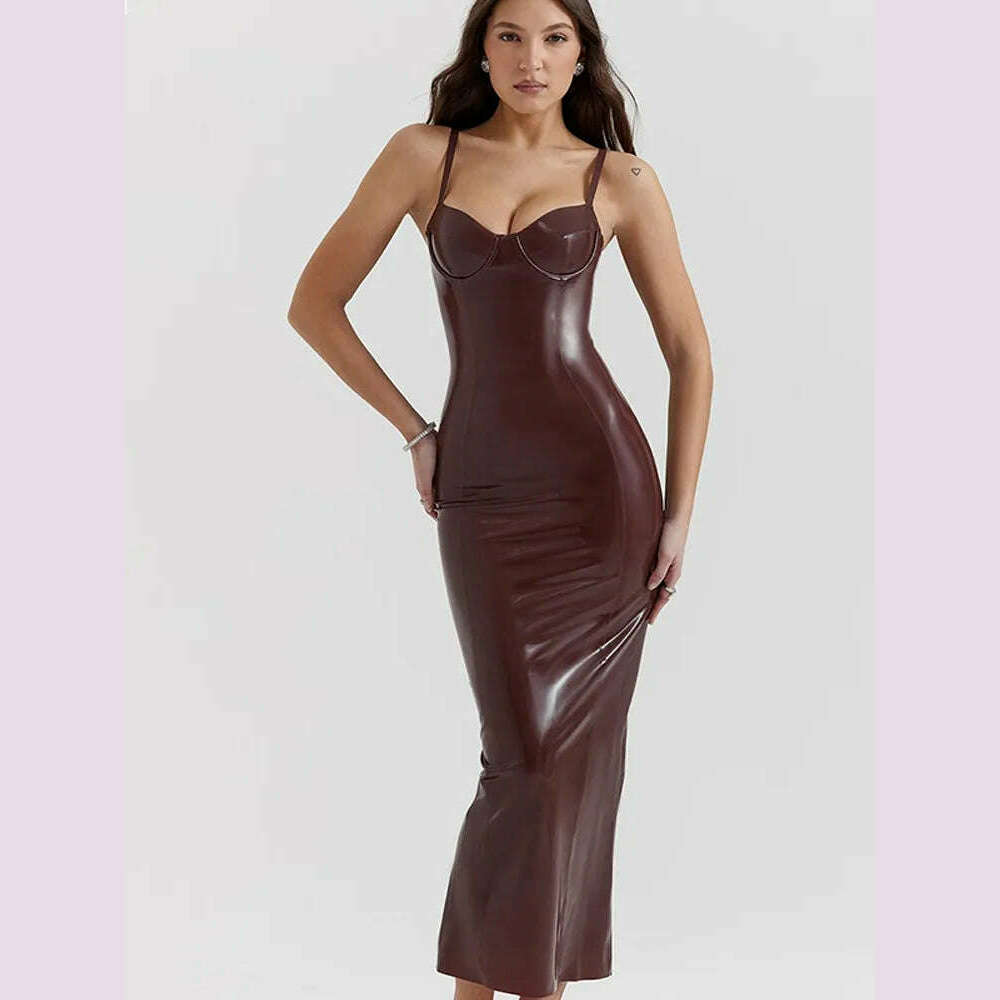 KIMLUD, Women Sexy Blackless Slim Sling Leather Dress Fashion Sleeveless Zipper Split Fold Long Dresses 2024 Lady New Evening Party Robe, Brown / L, KIMLUD APPAREL - Womens Clothes