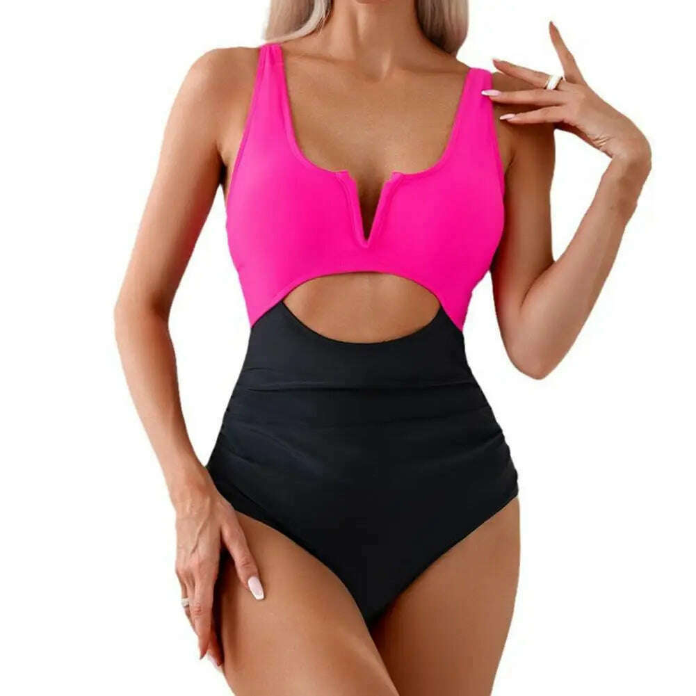 KIMLUD, Women Sexy Monokini V-neck Sleeveless Hollow Out One-piece Swimsuit Patckwork Color Tummy Control High Waisted Bathing Suit, Black / M, KIMLUD APPAREL - Womens Clothes