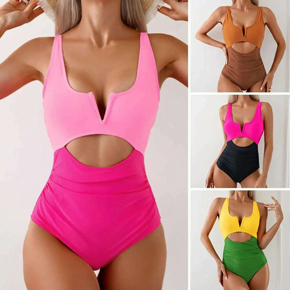KIMLUD, Women Sexy Monokini V-neck Sleeveless Hollow Out One-piece Swimsuit Patckwork Color Tummy Control High Waisted Bathing Suit, KIMLUD Womens Clothes