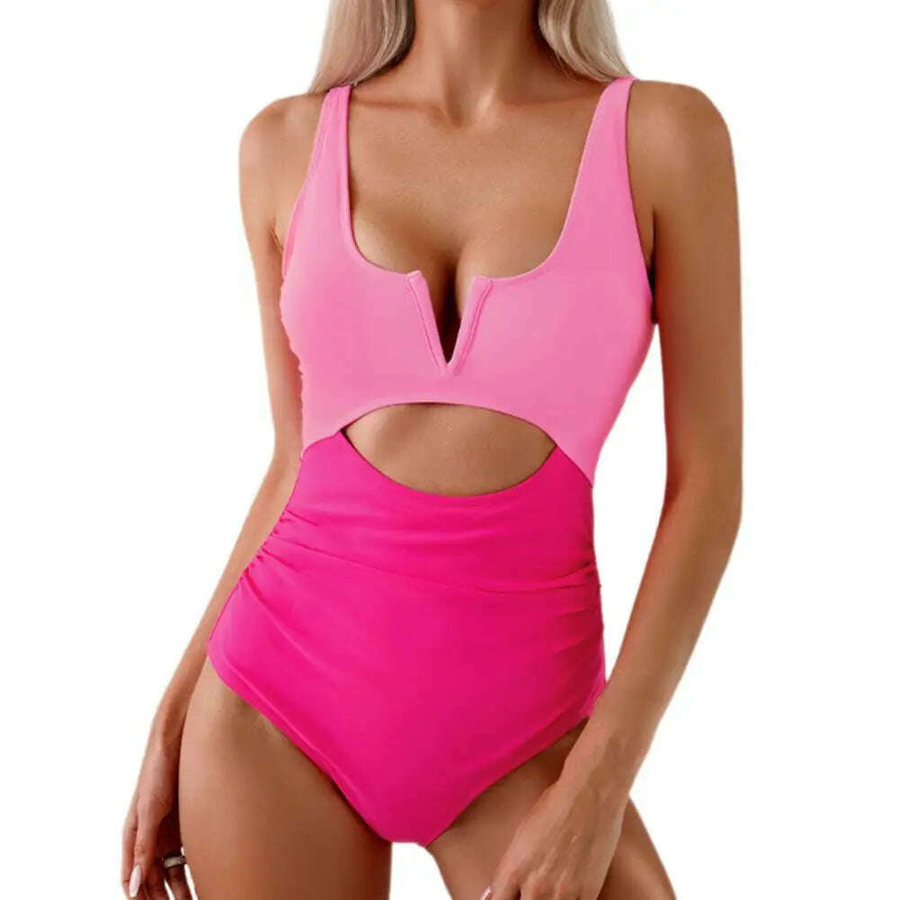 KIMLUD, Women Sexy Monokini V-neck Sleeveless Hollow Out One-piece Swimsuit Patckwork Color Tummy Control High Waisted Bathing Suit, Pink / M, KIMLUD Womens Clothes