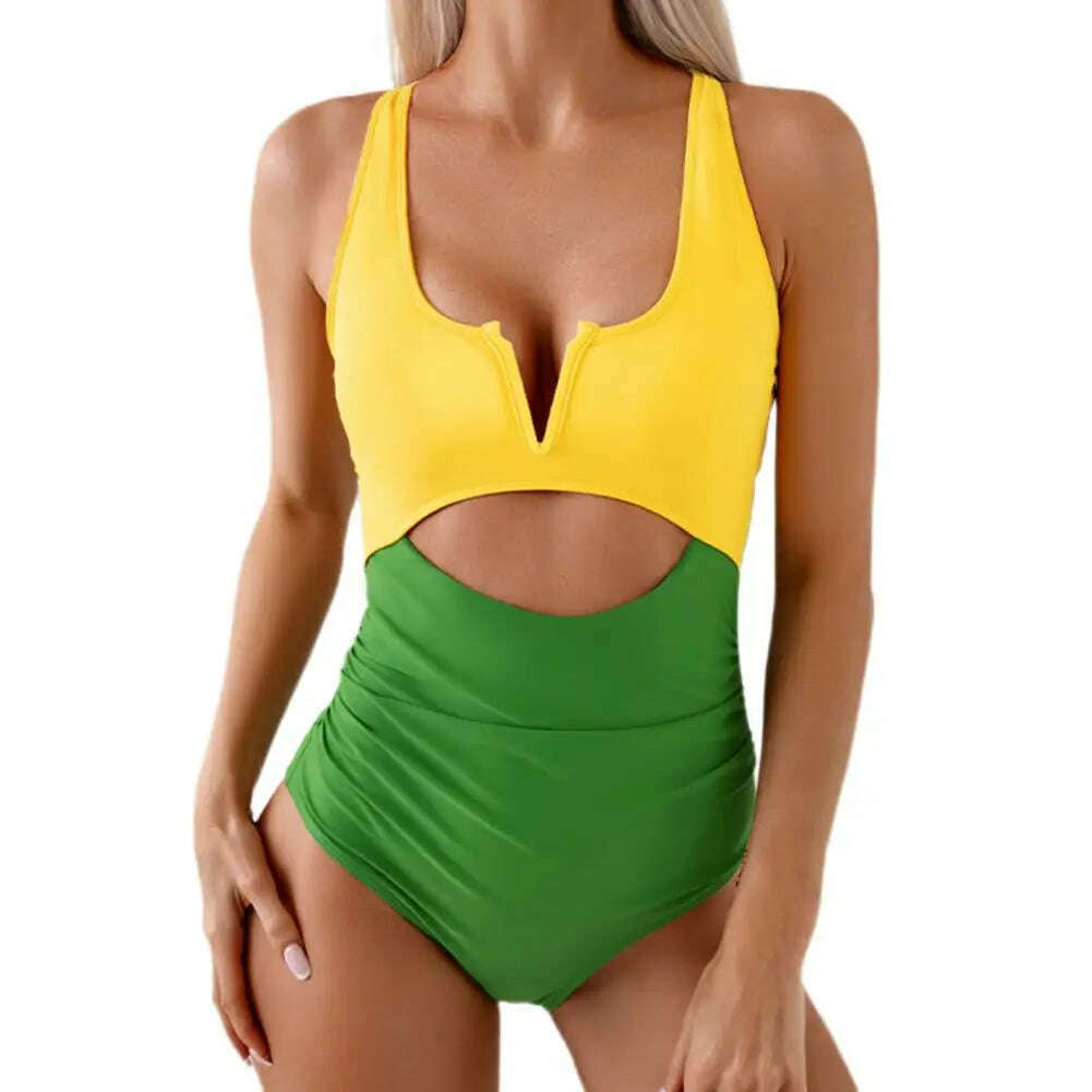 KIMLUD, Women Sexy Monokini V-neck Sleeveless Hollow Out One-piece Swimsuit Patckwork Color Tummy Control High Waisted Bathing Suit, Green / XL, KIMLUD Womens Clothes