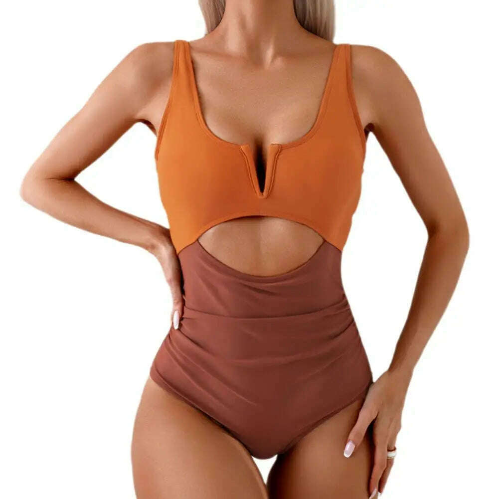 KIMLUD, Women Sexy Monokini V-neck Sleeveless Hollow Out One-piece Swimsuit Patckwork Color Tummy Control High Waisted Bathing Suit, Coffee / XL, KIMLUD Womens Clothes