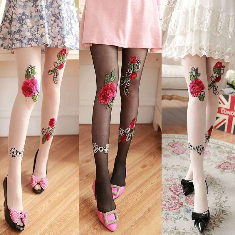 KIMLUD, Women Sexy Pantyhose Tights Rhinestones Opaque Embroidery Flowers Party Dress Style Lace Panty Transparent Silk Stockings Female, KIMLUD Womens Clothes