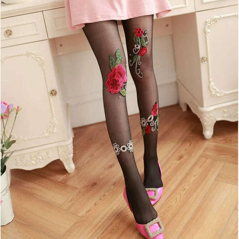 KIMLUD, Women Sexy Pantyhose Tights Rhinestones Opaque Embroidery Flowers Party Dress Style Lace Panty Transparent Silk Stockings Female, 20D black color / One Size, KIMLUD Womens Clothes