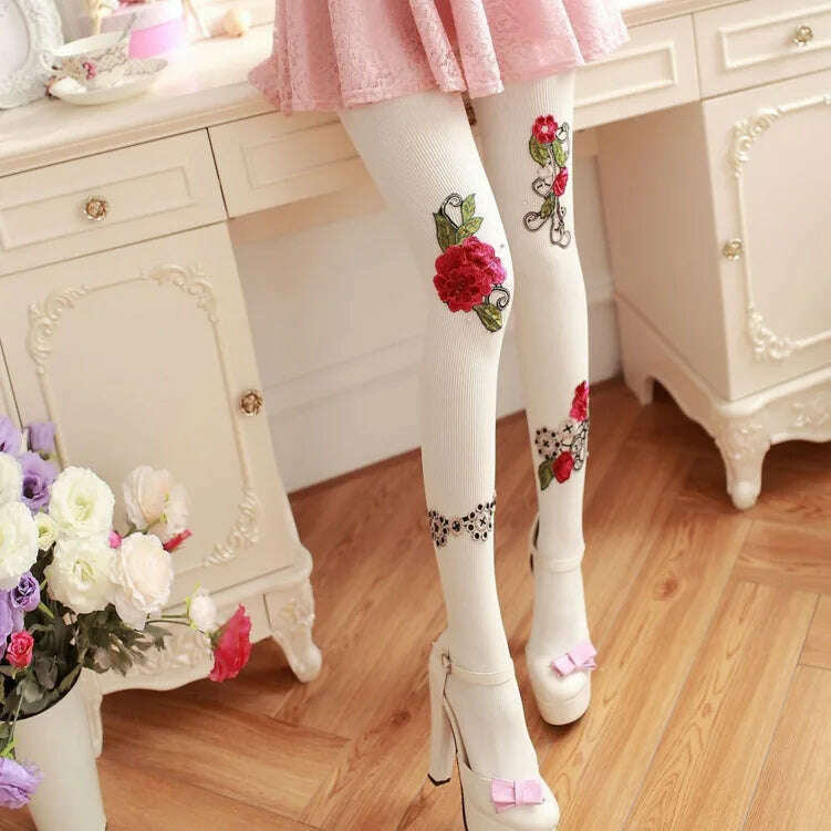 KIMLUD, Women Sexy Pantyhose Tights Rhinestones Opaque Embroidery Flowers Party Dress Style Lace Panty Transparent Silk Stockings Female, 80D white / One Size, KIMLUD Womens Clothes