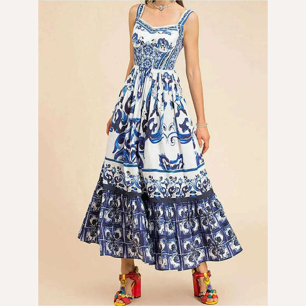 KIMLUD, Women Sexy Printed Suspender Dress Fashion V-neck Backless High Waist Large Swing Midi Vestido Summer Female Chic Vacation Robes, Blue / S, KIMLUD Women's Clothes