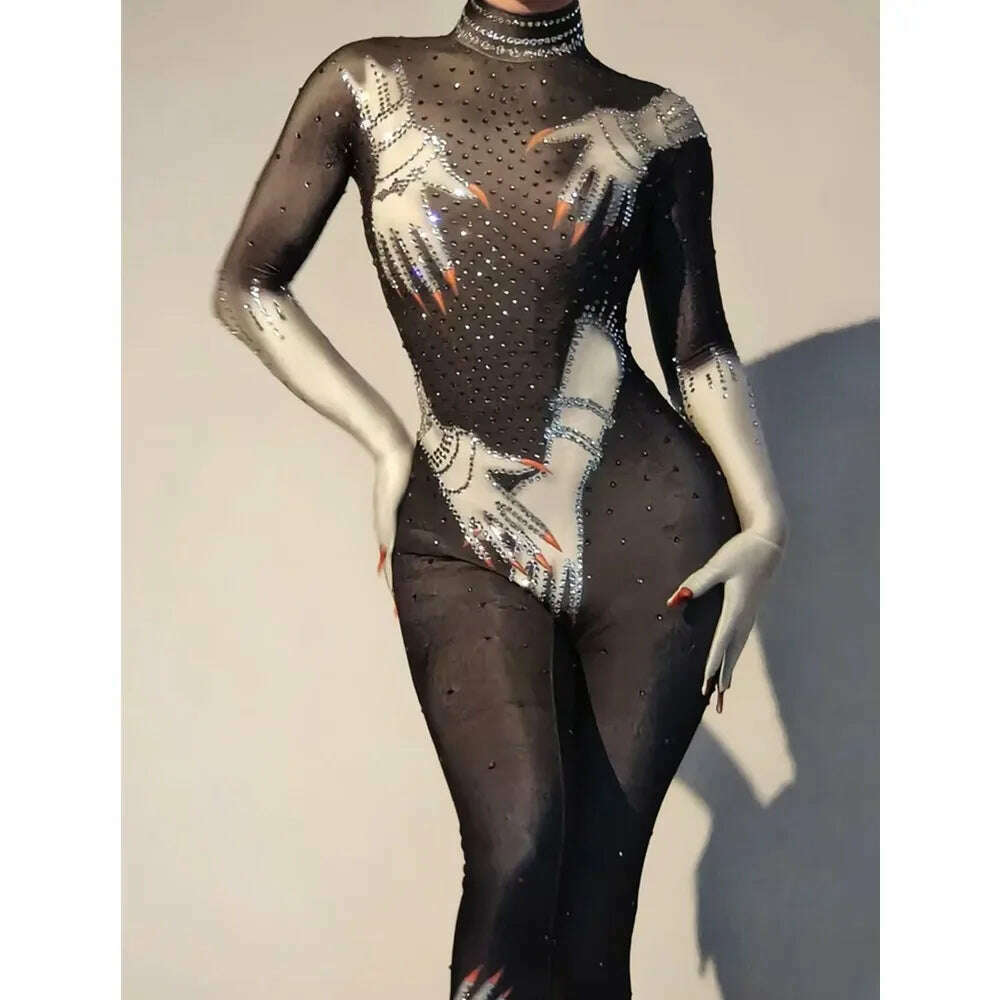 KIMLUD, Women Sexy Rhinestone Print Hand Made Tight Stretch Jumpsuit Female Singer DJ Bar Nightclub Stage Performance Costume Rompers, KIMLUD Womens Clothes