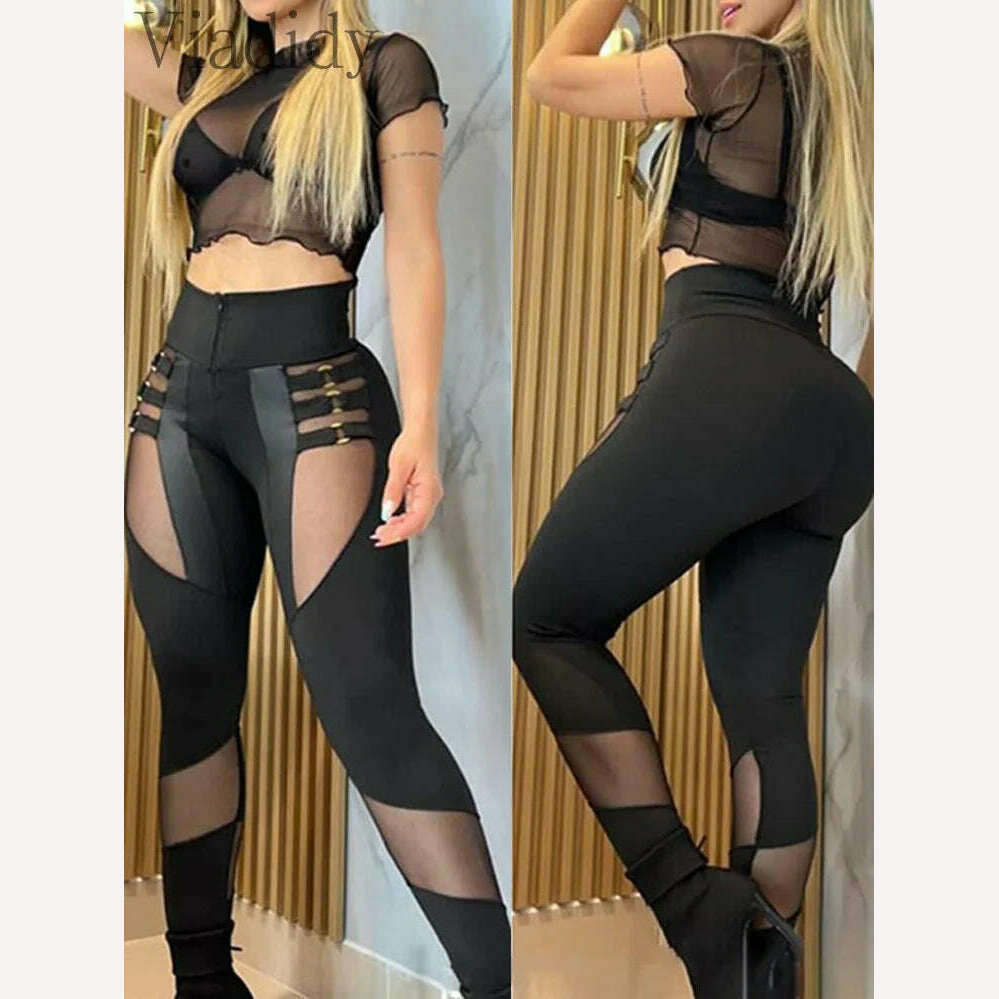 KIMLUD, Women Sexy Solid Color O-Ring Decor Sheer Mesh Patchwork Pencil Pants, KIMLUD Women's Clothes