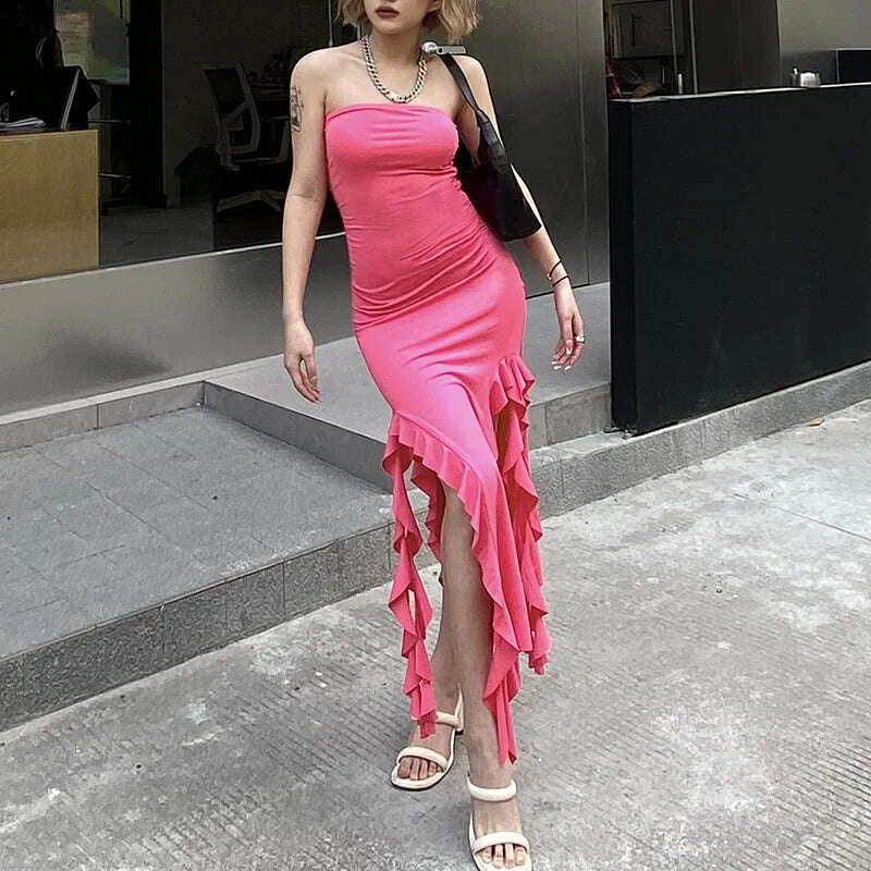 KIMLUD, Women Sexy Strapless Off Shoulder Midi Dress Ruffles Split Beach Maxi Dress Elegant Bodycon Summer Slim Fit Party Female Vestido, Rose Red / M, KIMLUD APPAREL - Womens Clothes