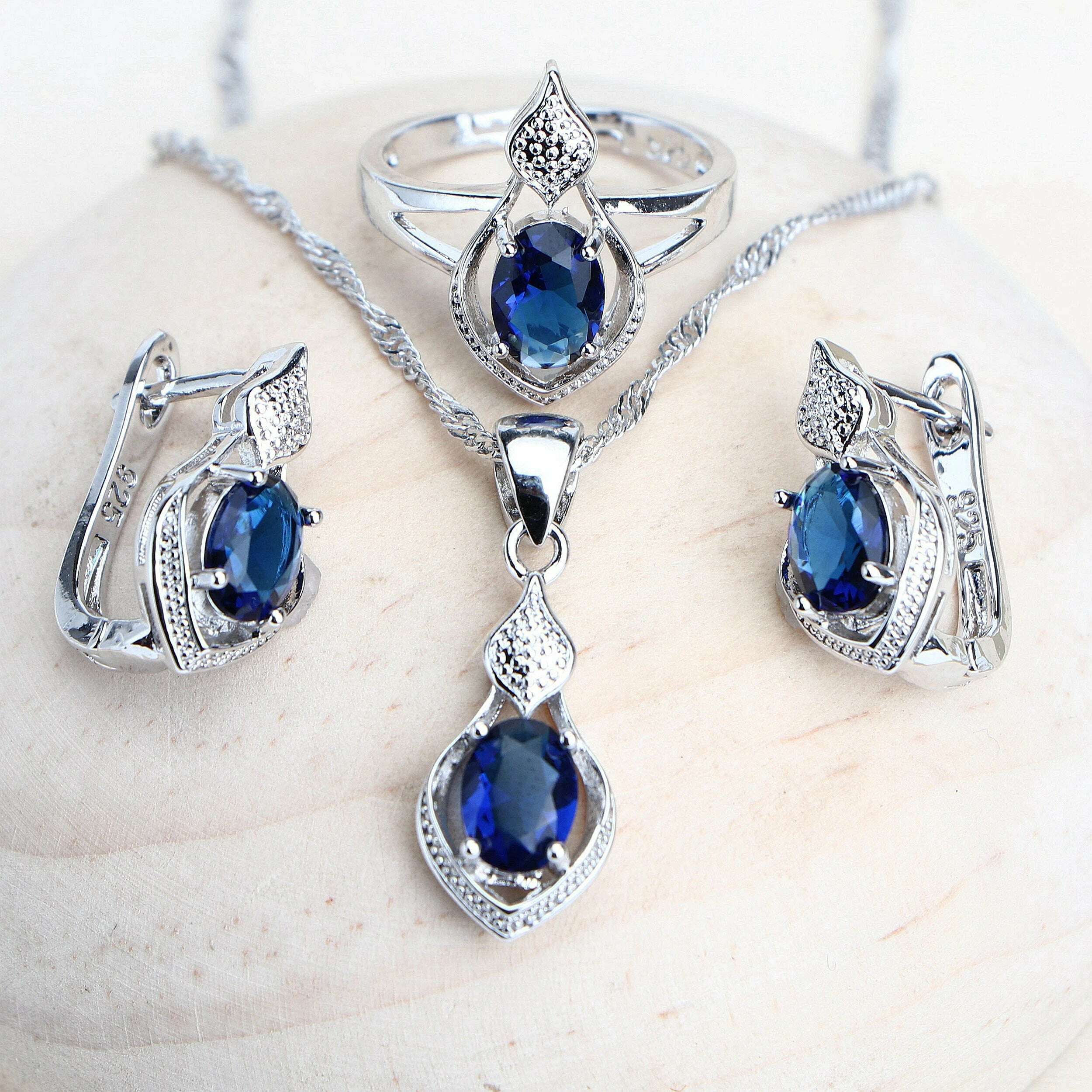 Women Silver 925 Bridal Jewelry Sets Blue Cubic Zirconia Costume Jewellery Wedding Earrings Rings Bracelets Pendant Necklace - KIMLUD