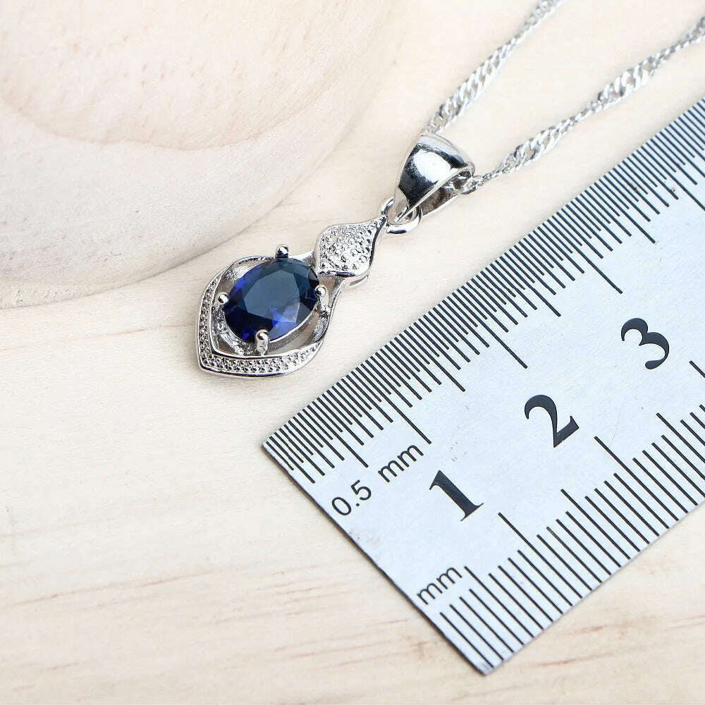 Women Silver 925 Bridal Jewelry Sets Blue Cubic Zirconia Costume Jewellery Wedding Earrings Rings Bracelets Pendant Necklace - KIMLUD
