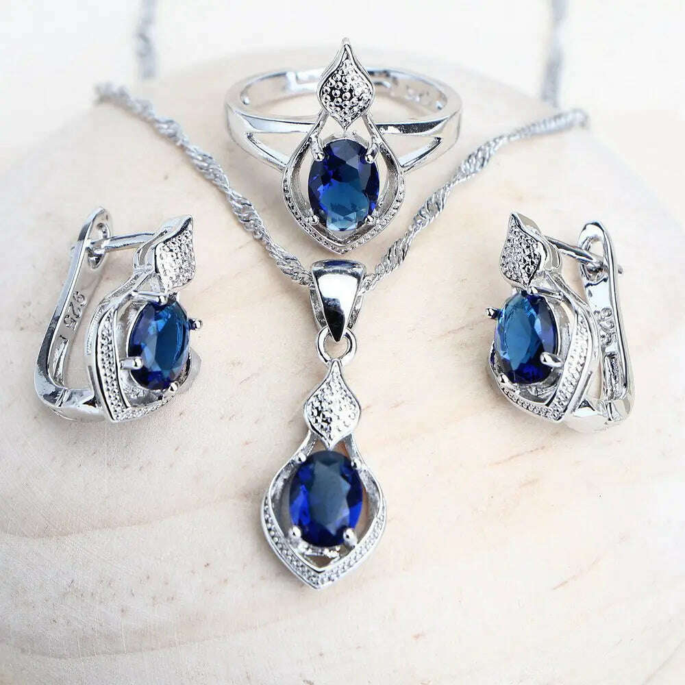 Women Silver 925 Bridal Jewelry Sets Blue Cubic Zirconia Costume Jewellery Wedding Earrings Rings Bracelets Pendant Necklace - KIMLUD