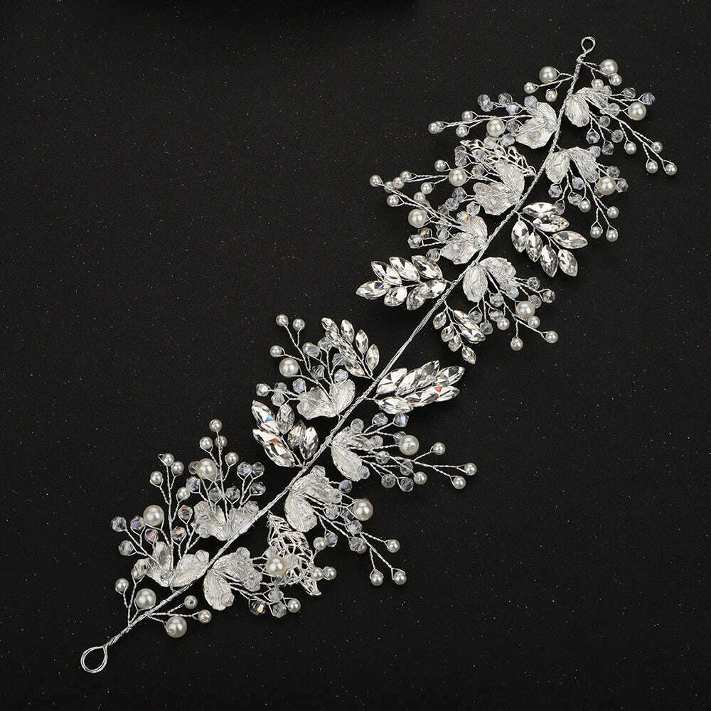 Women Silver Leaf Rhinestones Heabdand Wedding Hair Jewelry Bridal Hair Accessories for Bride Women - KIMLUD